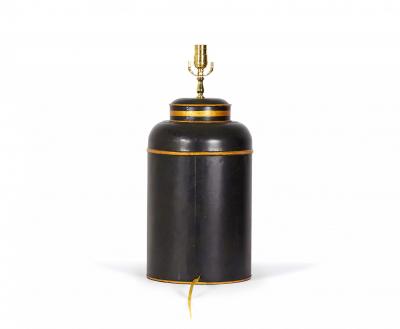 Chinoiserie Black and Gold Landscape Hand Painted Tole Tea Caddy Table Lamp