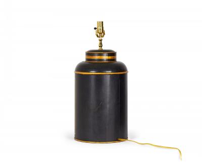 Chinoiserie Black and Gold Landscape Hand Painted Tole Tea Caddy Table Lamp