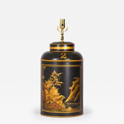 Chinoiserie Black and Gold Landscape Hand Painted Tole Tea Caddy Table Lamp