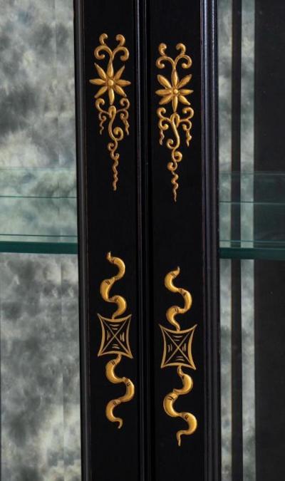 Chinoiserie Display Cabinet Hand Gilt Black Lacquered Wood Vitrine