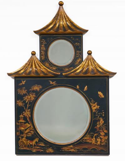 Chinoiserie Ebonized Two Tiered Pagoda Topped Mirror