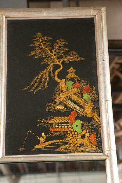 Chinoiserie Hand Painted Style Faux Silver Bamboo Mirror Decorative
