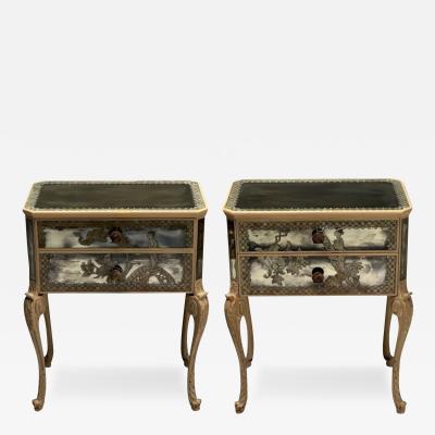 Chinoiserie Mid Century Modern Mirrored Nightstands Distressed Painted Wood