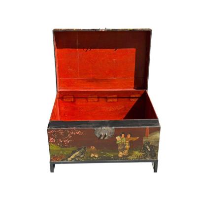 Chinoiserie Painted Chinese Trunk Chest on Stand Table