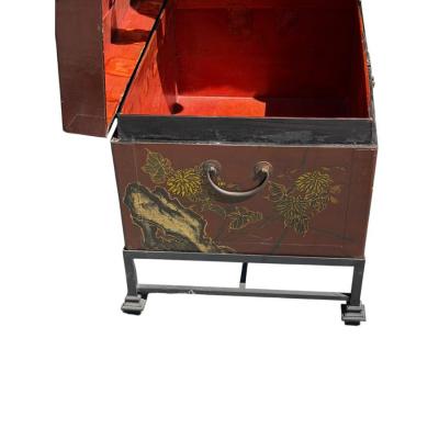 Chinoiserie Painted Chinese Trunk Chest on Stand Table