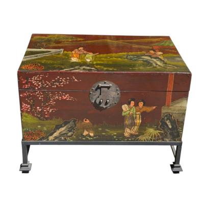 Chinoiserie Painted Chinese Trunk Chest on Stand Table