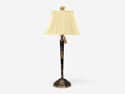 Chinoiserie Painted Wood Gilt Ebonized Table Lamps USA 1970s