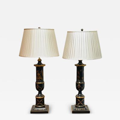 Chinoiserie Style Ebonized Wood Gilt Table Lamps USA 1960s
