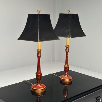 Chinoiserie Table Desk Lamps Red Jappanned Wood Giltwood 1940s