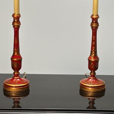 Chinoiserie Table Desk Lamps Red Jappanned Wood Giltwood 1940s