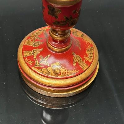 Chinoiserie Table Desk Lamps Red Jappanned Wood Giltwood 1940s