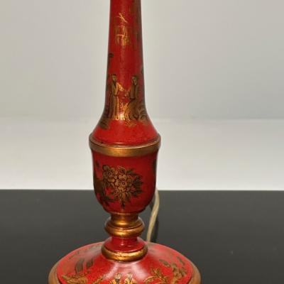 Chinoiserie Table Desk Lamps Red Jappanned Wood Giltwood 1940s