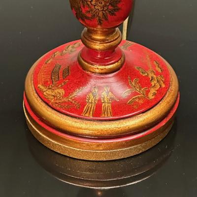 Chinoiserie Table Desk Lamps Red Jappanned Wood Giltwood 1940s