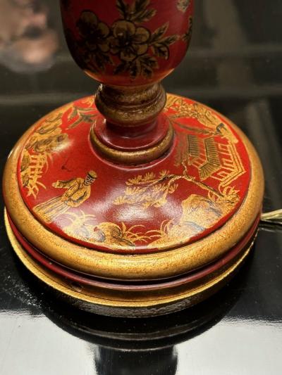 Chinoiserie Table Desk Lamps Red Jappanned Wood Giltwood 1940s