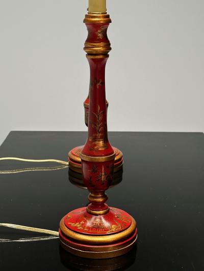Chinoiserie Table Desk Lamps Red Jappanned Wood Giltwood 1940s