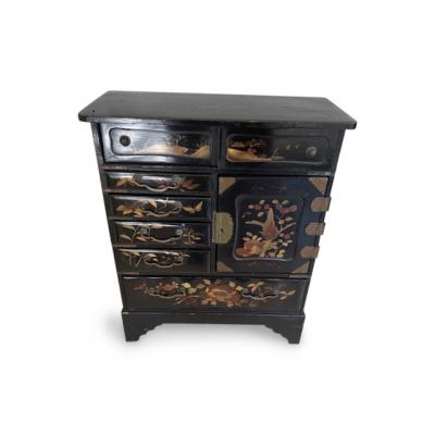 Chinses Black Lacquered Miniature Jewelry Cabinet