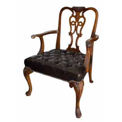 Chippendale Style Carved Mahogany Tufted Leather Desk or Side Armchair