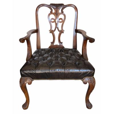 Chippendale Style Carved Mahogany Tufted Leather Desk or Side Armchair