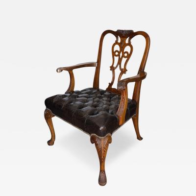 Chippendale Style Carved Mahogany Tufted Leather Desk or Side Armchair