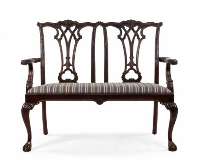 Chippendale Style Mahogany Loveseat with Striped Upholstery