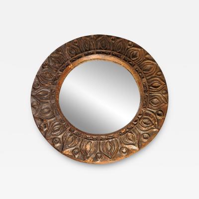 Chocolate Brown Brutalist Etched Terracotta Wall Mirror France 1970s