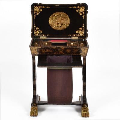 Chonoiserie Ebonized and Gilt Lacquered Sewing Work Table Mid 19th C 
