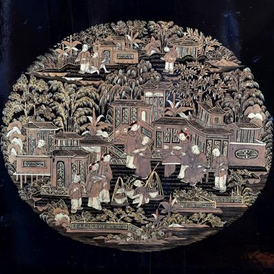 Chonoiserie Ebonized and Gilt Lacquered Sewing Work Table Mid 19th C 