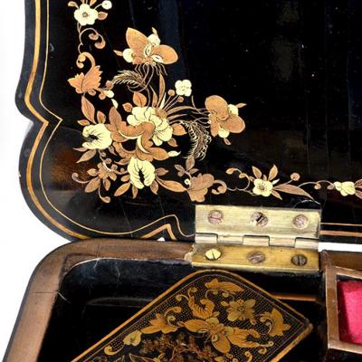 Chonoiserie Ebonized and Gilt Lacquered Sewing Work Table Mid 19th C 