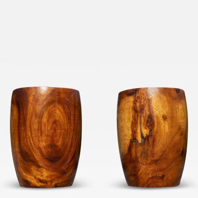 Chris Lehrecke Pair Vintage Turned Solid Teak Drum Side Tables or Stools Studio Made