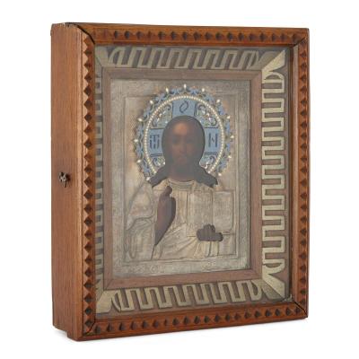Christ Pantocrator A silver gilt and cloisonn enamel Russian Icon