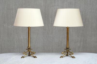 Christian Gottlieb Vilhelm Bissen Pair of Vilhelm Bissen Attributed Brass Lamps with Lion s Paw Feet Denmark