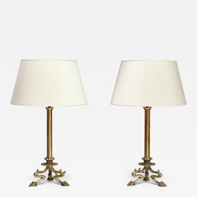 Christian Gottlieb Vilhelm Bissen Pair of Vilhelm Bissen Attributed Brass Lamps with Lion s Paw Feet Denmark