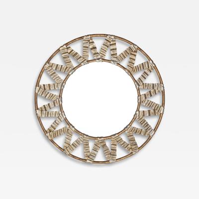 Christopher Guy Round mirror with carved wooden frame with ribbons C Guy Indonesia circa 1990