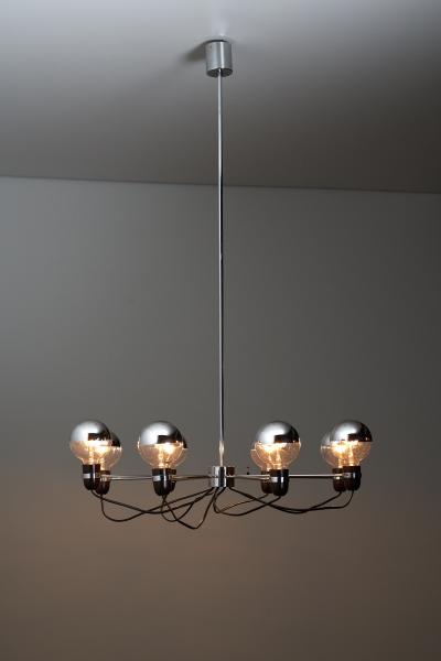 Chromed Steel Eight Arm Chandelier in the Style of Gino Sarfatti 1960s