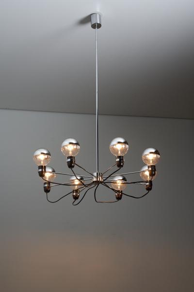 Chromed Steel Eight Arm Chandelier in the Style of Gino Sarfatti 1960s