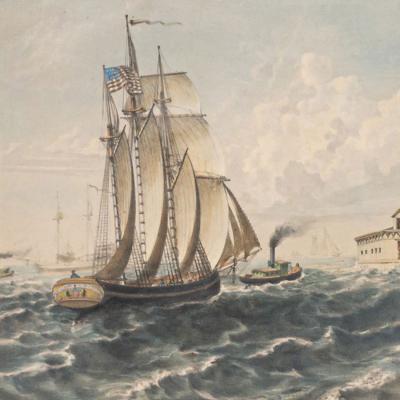 Chromo Lithograph of Boats at Sea