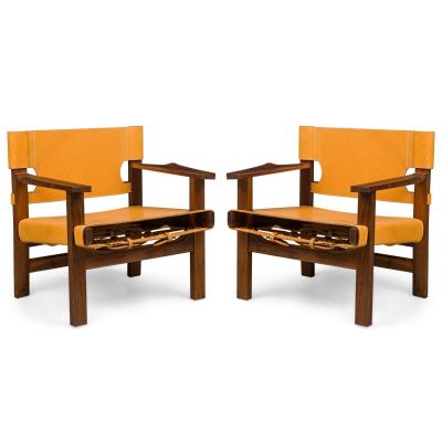 Cintro Contemporary Mid Century American Style Walnut Armchairs with Saddle Ta