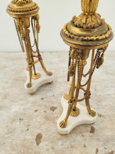 Circa 1780 French Louis XVI Candelabra Gilt Bronze and White Marble A Pair