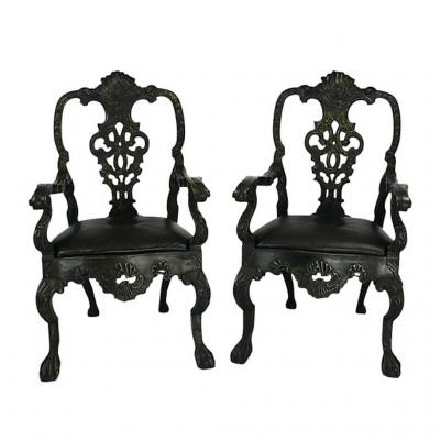 Circa 1900 Baroque Revival Green Armchairs Portugal A Pair