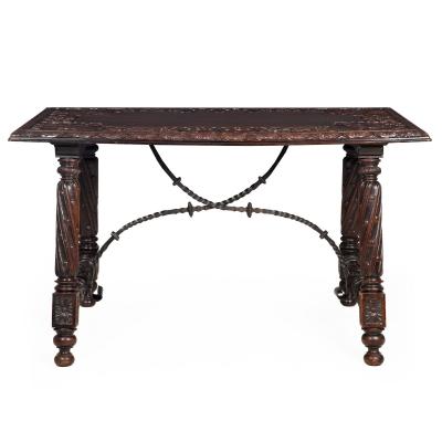 Circa 1900 Gothic Revival Antique Carved Walnut Library Table