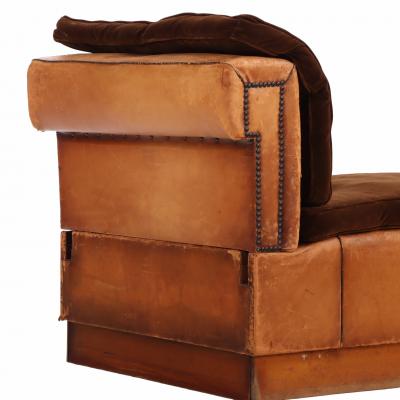 Circa 1920 Art Deco Modular Cognac Leather Chaise Lounge with Velvet Cushions