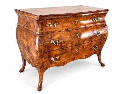 Circa 1920 Italian Rococo Style Burl Walnut Bomb Commode