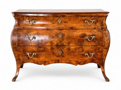 Circa 1920 Italian Rococo Style Burl Walnut Bomb Commode