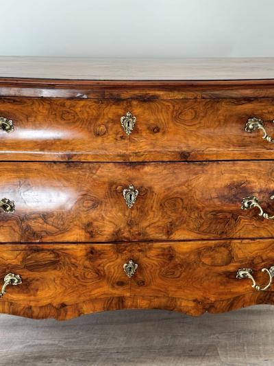Circa 1920 Italian Rococo Style Burl Walnut Bomb Commode