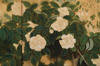 Circa 1925 Taisho era Japanese Nihonga Screen Camellia Bamboo