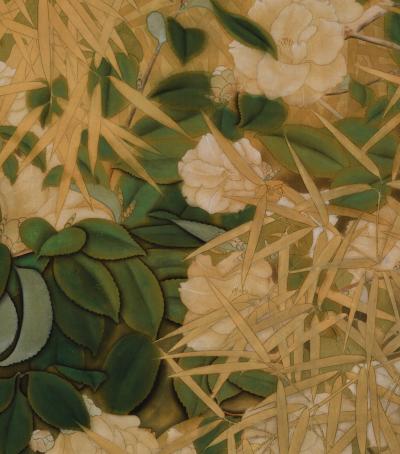 Circa 1925 Taisho era Japanese Nihonga Screen Camellia Bamboo