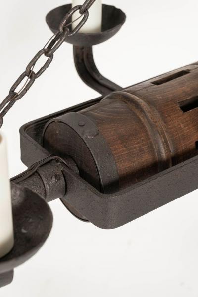 Circa 1930 1959 Rustic French Iron and Wooden Chandelier