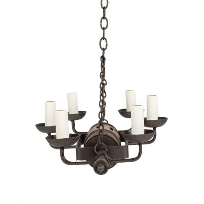 Circa 1930 1959 Rustic French Iron and Wooden Chandelier