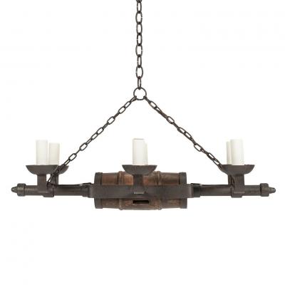 Circa 1930 1959 Rustic French Iron and Wooden Chandelier