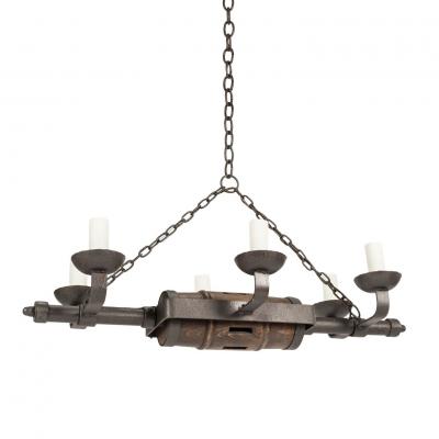 Circa 1930 1959 Rustic French Iron and Wooden Chandelier